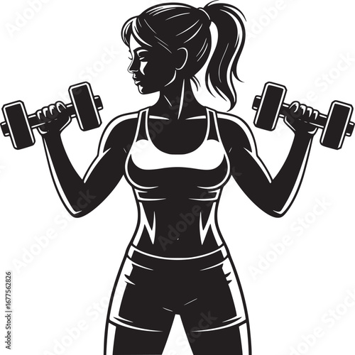 Silhouette of a woman in sportswear lifting dumbbells with a ponytail looking to the side in black and white