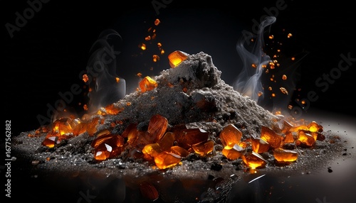 pile of ashes with amber glimmers evocative still life for digital art dark fantasy designs and conceptual projects isolated on black canvas
