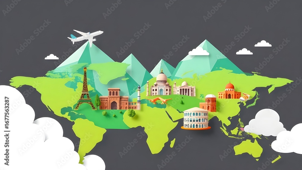 Fototapeta premium Save to Library Download Preview Preview Crop Find Similar File #: 792667822 Wallpaper travel illustration 3d color tourism place, landmarks world, travel day wallpaper