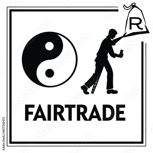 Fairtrade logo with a man carrying a bag of money, symbolizing ethical and sustainable trade practices.