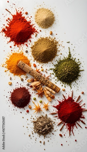 View of colourful spices arranged in abstract geometric patterns