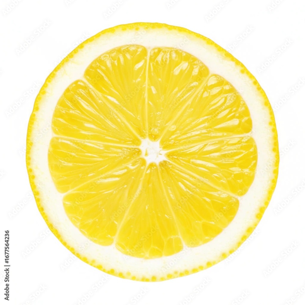 Close up of a bright yellow lemon slice on a white background Close up of a bright yellow lemon slice on a white background