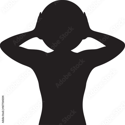 A silhouette of a person with their hands over their ears against a white colored background image