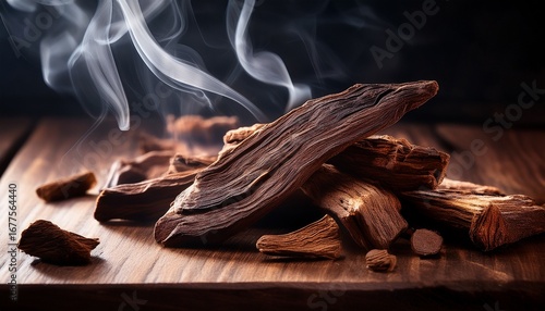 close up of premium oud wood chips with intricate texture and smoke