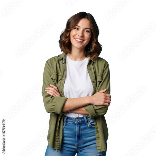 Smiling young woman with arms crossed wearing a green shirt and jeans isolated on transparent background
