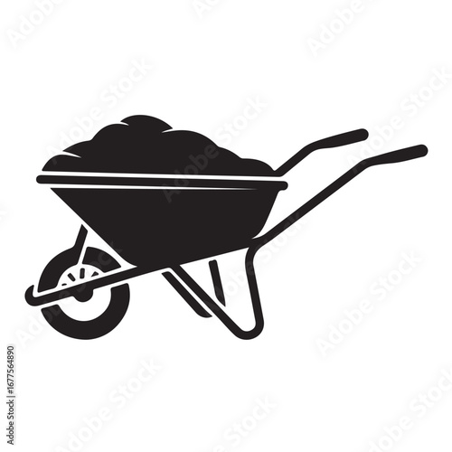Black silhouette of a wheelbarrow filled with dirt on a white background soil load