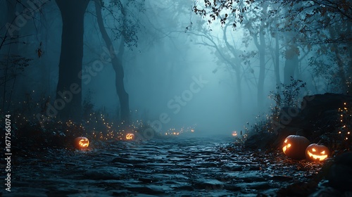 Mysterious ethereal cave entrance illuminated by glowing jack-o'-lanterns and diffuse light