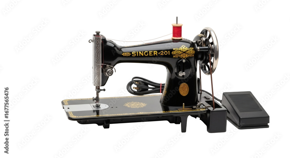 Fototapeta premium Antique Black Singer Sewing Machine on an Isolated White Background Showcasing Vintage Craftsmanship