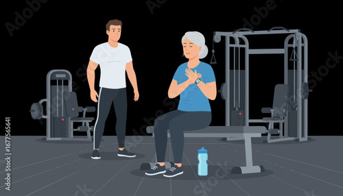 Senior woman in gym, supported by trainer, during seated exercise.