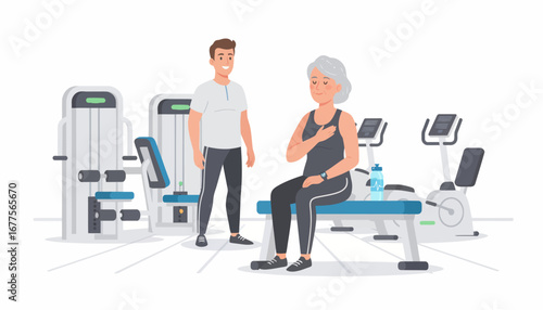 Senior woman resting on a bench at the gym, with a trainer nearby.