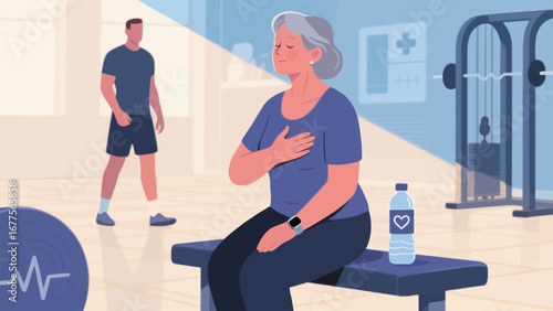 Senior woman experiencing discomfort during exercise in a gym, while a male fitness enthusiast is seen in the background.