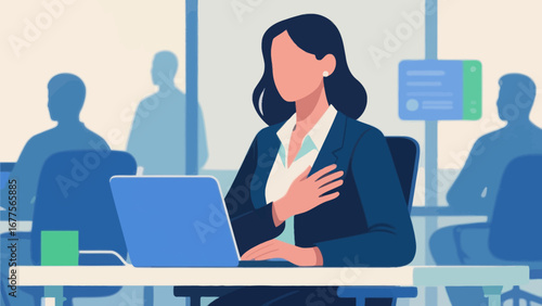 Businesswoman seated at a desk, hands on chest, in a modern office setting.