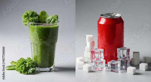 Vibrant green health smoothie contrasted with a sugary soda can and cubes, promoting healthy living choices and diet awareness for wellness campaigns