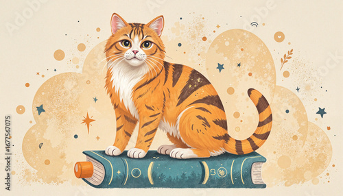 Colorful cat sitting on a book with a whimsical background