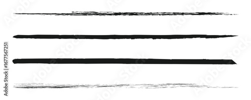 Charcoal pencil straight horizontal lines. Black hand drawn stripes, ink brush strokes. Scribble charcoal texture lines vector set. Grunge smears, thin and thick chalk strokes, pencil underline.