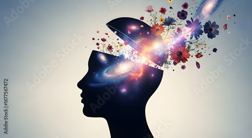 A human head silhouette with an open top, revealing a vibrant explosion of galaxies, colorful flowers, and bright light, symbolizing creativity and imagination.