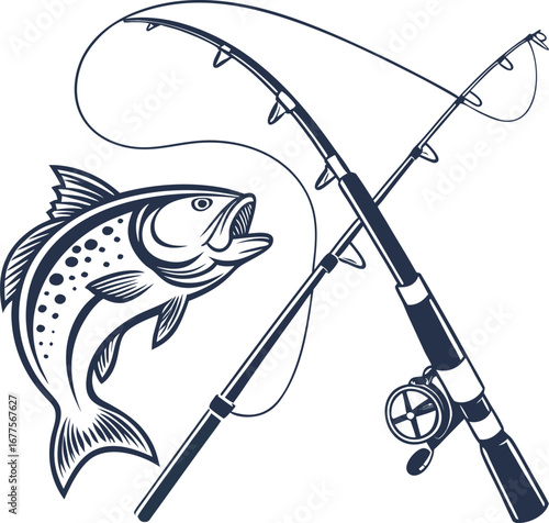Isolated red and black fishing rod vector illustration with a fish
