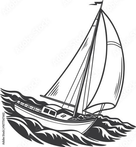 Sailing ship or yacht silhouette on the ocean with waves and sky