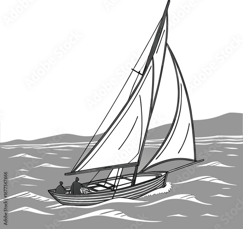 A silhouette of a sailing boat on the open sea, its white sails catching the wind under a summer sky