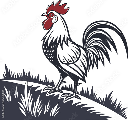 A vibrant red rooster, a farm animal, stands isolated on a white background