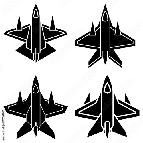 Four black fighter jet icons arranged in a square formation on a white background showing aircraft designs