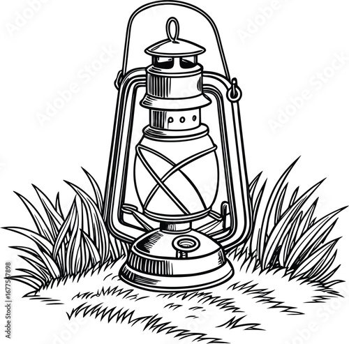 Antique glass and metal oil lamp with a flickering flame, an isolated retro kerosene lantern