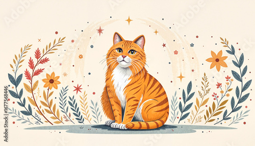 Illustration of a sitting orange cat surrounded by flowers