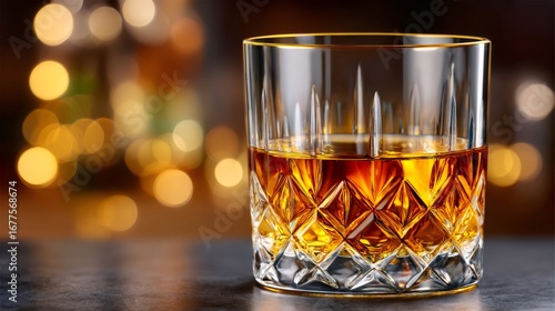 Crystal glass of whisky sitting on bar with golden bokeh lights in background