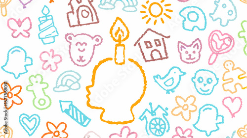 Colorful child like drawing featuring a head with a candle and various other simple illustrations silhouette