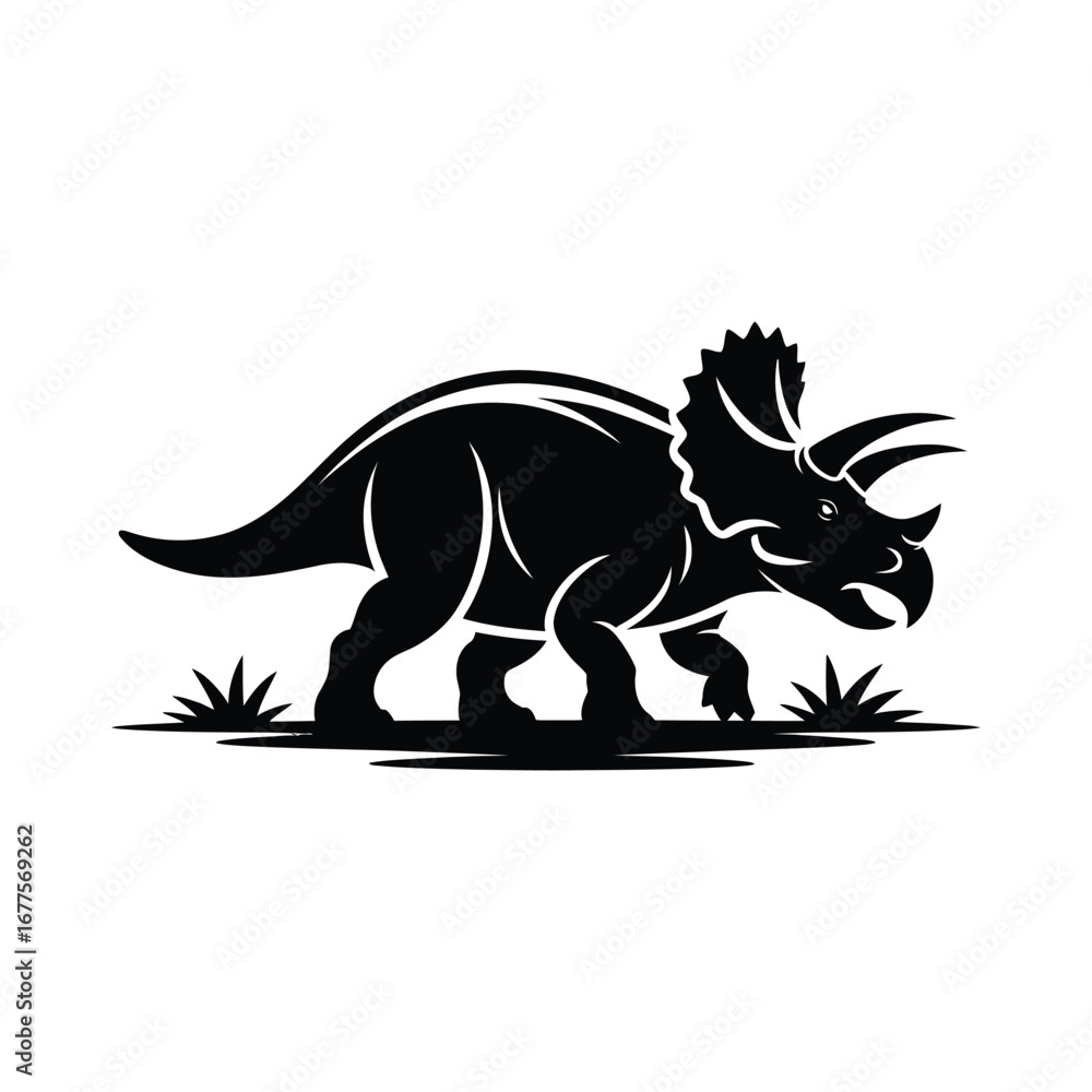 Fototapeta premium Triceratops Dinosaur Silhouette Illustration Black Vector Design Standing on Grass Patch in Profile View with Horns and Frill Detailed