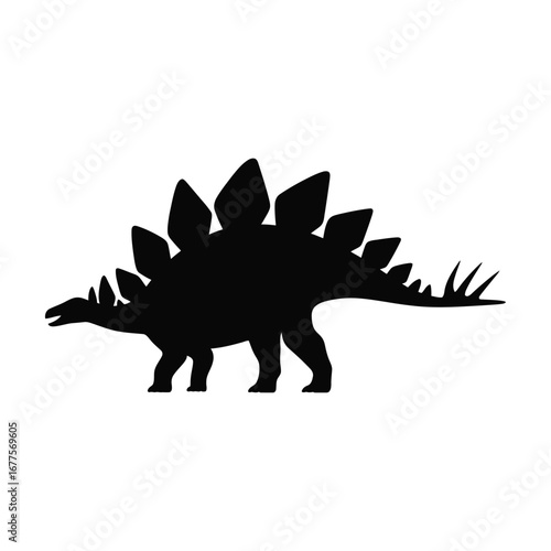 Stegosaurus Dinosaur Silhouette Illustration Black Vector Design Standing in Profile View with Plates and Spikes Detailed and Tail Raised