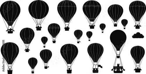 Black hot air balloons silhouette flying in sky, multiple balloons, adventure travel, vintage balloon shapes, festival, freedom concept