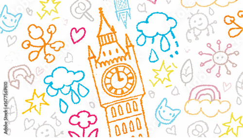 Colorful childlike drawing featuring big ben tower clouds stars hearts and other whimsical elements art style silhouette