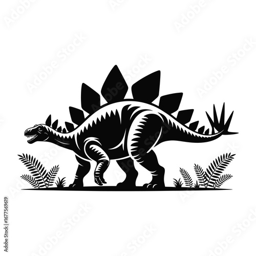 Stegosaurus Dinosaur Silhouette Illustration Black Vector Design Standing Among Ferns in Profile View with Plates and Spikes Detailed
