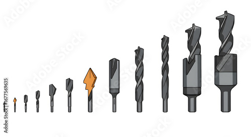 Assorted Gray Drill Bits Set in Ascending Order on White Background