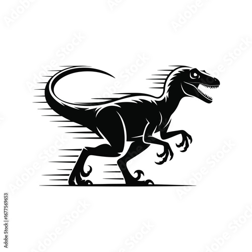 Velociraptor Silhouette Illustration Black Vector: Agile Predator Running, Detailed Outline of a Prehistoric Carnivore, Isolated Design
