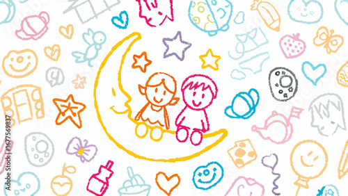 Illustration of a couple sitting on a crescent moon surrounded by various doodle style drawings and shapes silhouette