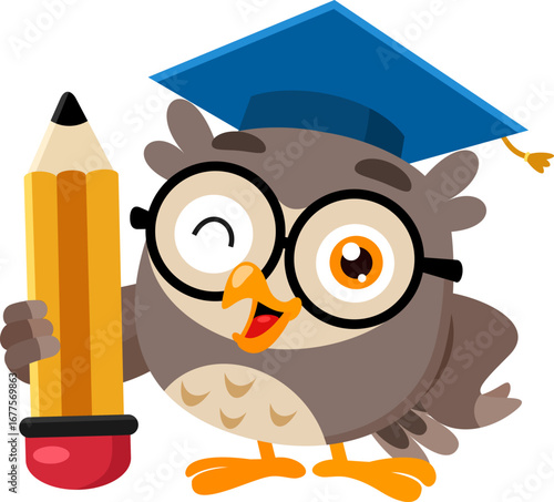 Cute Owl Teacher Cartoon Character Holding Giant Pencil And Teaching Lesson - Vector Illustration Flat Design Isolated On Transparent Background