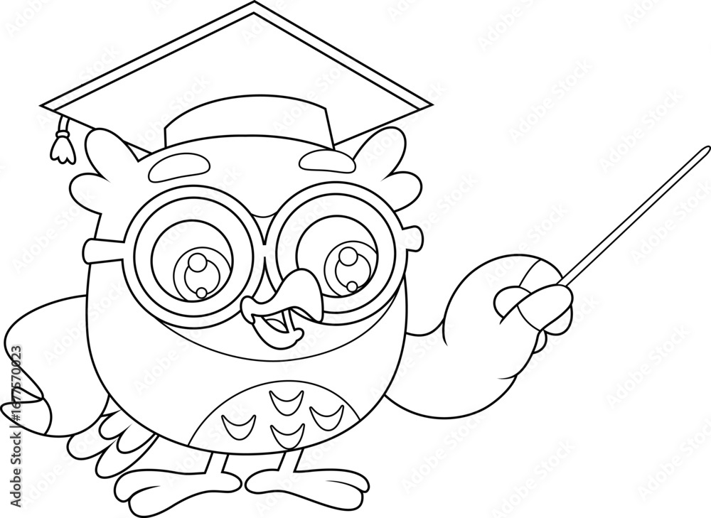 Obraz premium Owl Teacher Cartoon Character Pointing With Pointer Stick – Black and White Vector Hand Drawn Illustration Isolated On Transparent Background