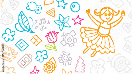 A colorful crayon drawing of a ballerina with flowers, stars, and other shapes scattered around her silhouette