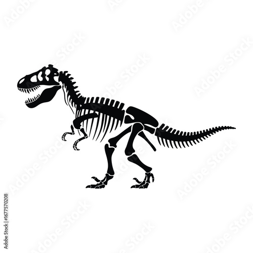Detailed Silhouette Illustration of a Black Tyrannosaurus Rex Skeleton Vector on White Background Showcasing Paleontology and Prehistory
