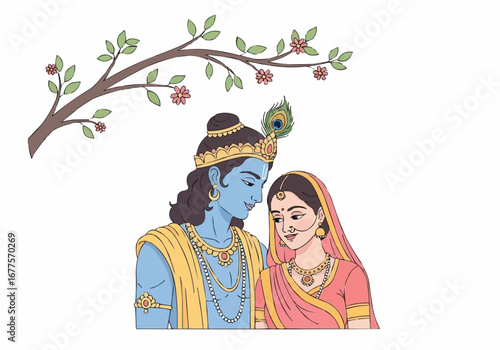 Enchanting illustration of a divine couple symbolizing eternal love and spiritual connection under a blossoming tree