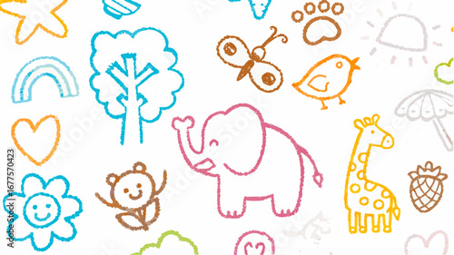 Colorful crayon style drawings of animals plants and objects scattered on a white background illustration silhouette