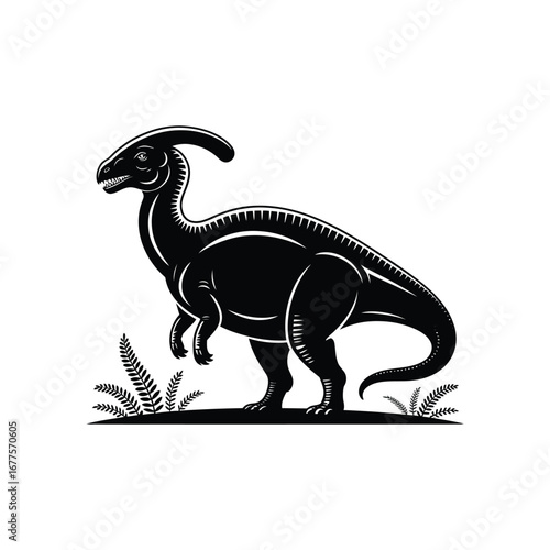 Parasaurolophus Silhouette Illustration Vector: Black Dinosaur with Ferns on White Background, Prehistoric Creature in Natural Setting