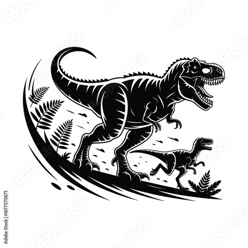 Tyrannosaurus Rex and Velociraptor Silhouette Illustration Black Vector Amidst Ferns and Foliage in a Prehistoric Setting
