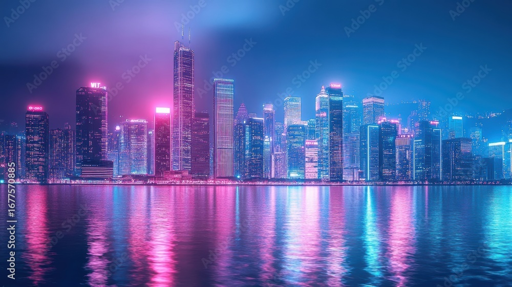 Fototapeta premium A vibrant city skyline at night with illuminated skyscrapers reflecting on the water, showcasing a mix of modern architecture and colorful lights.