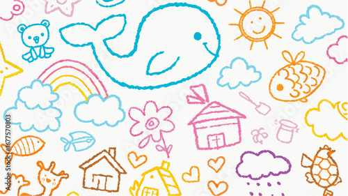 A whimsical crayon drawing featuring a whale, sun, houses, clouds, rainbow, and various other cute shapes silhouette