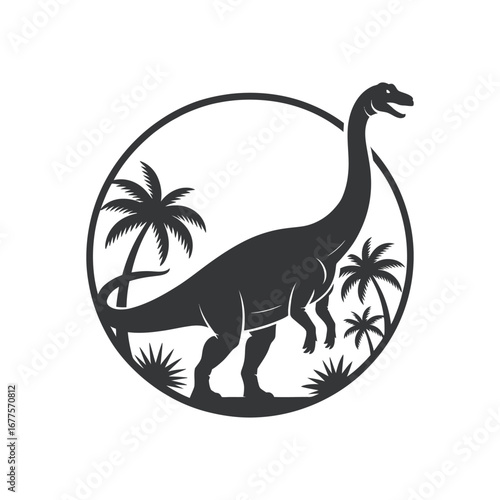 Brontosaurus Silhouette Vector Illustration Black Graphic Design Prehistoric Animals Wildlife Art Dinosaur in Circle with Palms