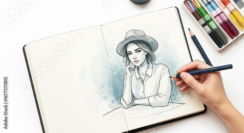 Artist sketching a portrait of a woman in a hat with watercolors and pencils in a sketchbook