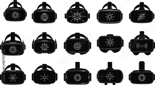 Virtual reality headset silhouette set, VR goggles with tech icons, immersive experience, digital device, futuristic design, gaming gear